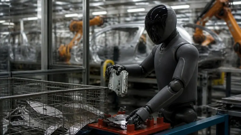 AI-sfeerbeeld van een humanoïde robot die plaatdelen in een mal sorteert aan een autoassemblagelijn, geen foto van Figure 03