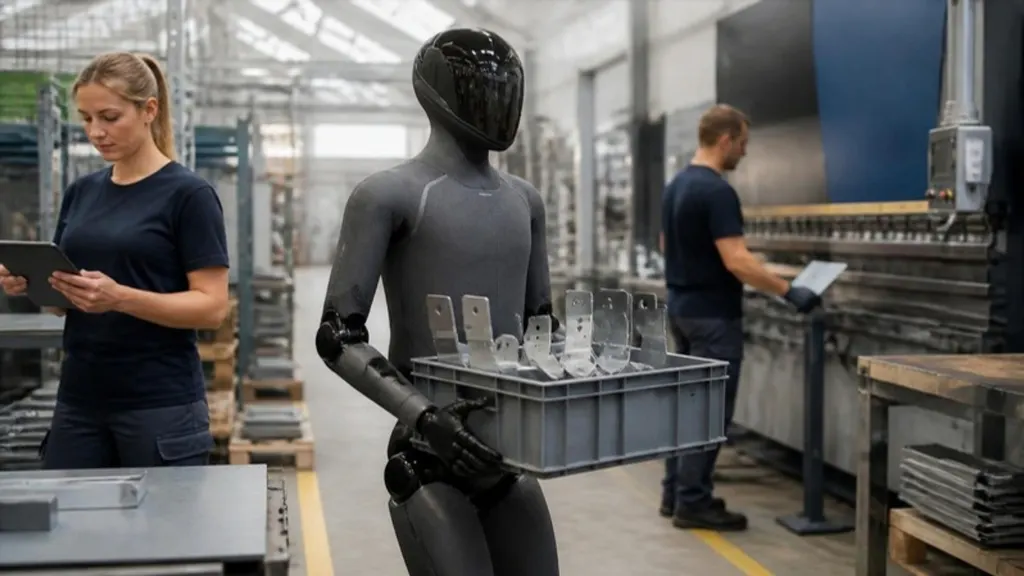 AI-sfeerbeeld van een humanoïde robot die een krat met metalen beugels door een metaalbewerkingshal draagt, met twee medewerkers aan het werk