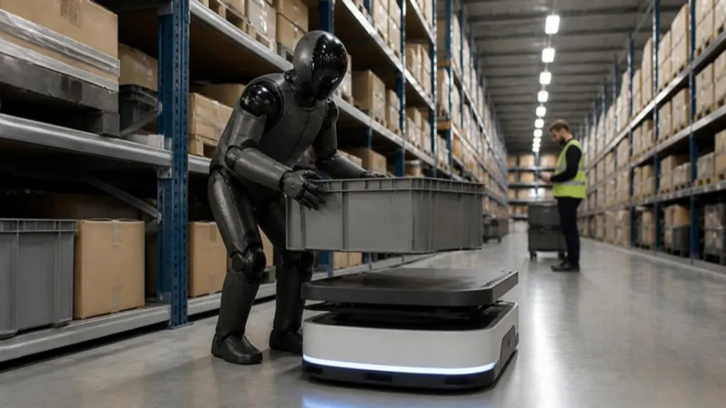 AI-generated illustration of a humanoid robot placing a tote on an autonomous mobile robot in a warehouse aisle