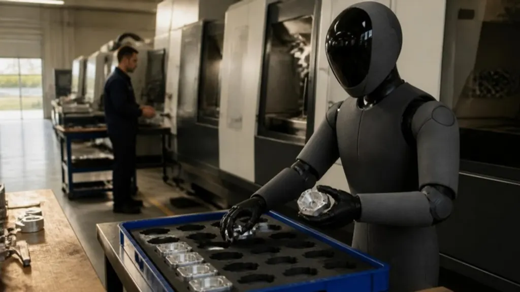 AI-sfeerbeeld van een humanoïde robot die gefreesde aluminium onderdelen in een kittingbak legt, naast een rij CNC-machines